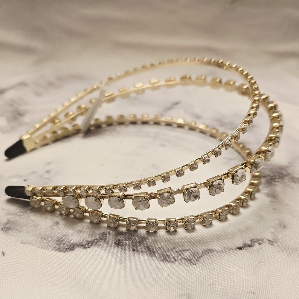 NEW ANTHROPOLOGIE Triple Tier Headband - Gold Tone w/ Mixed Clear Crystals